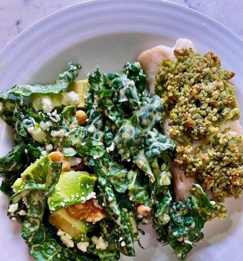 Herb & Nut Crusted Fish with Green Goddess Kale & Avocado Salad