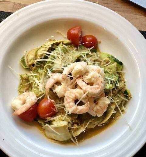Pan-Seared Shrimp in a White Wine Sauce with Homemade Roasted Red Pepper Pesto Zucchini Noodles