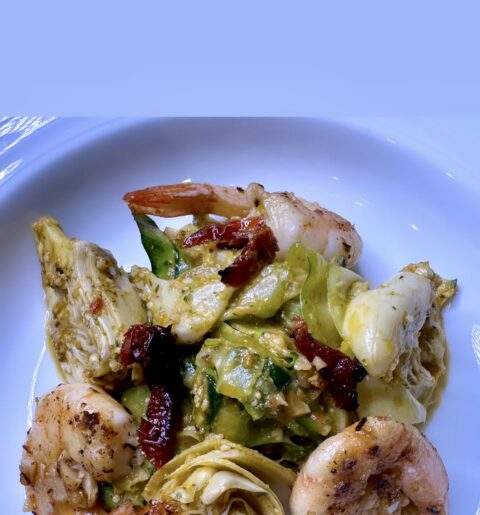 Tuscan Shrimp over Zucchini Noodles with Cashew Roasted Red Pepper Pesto