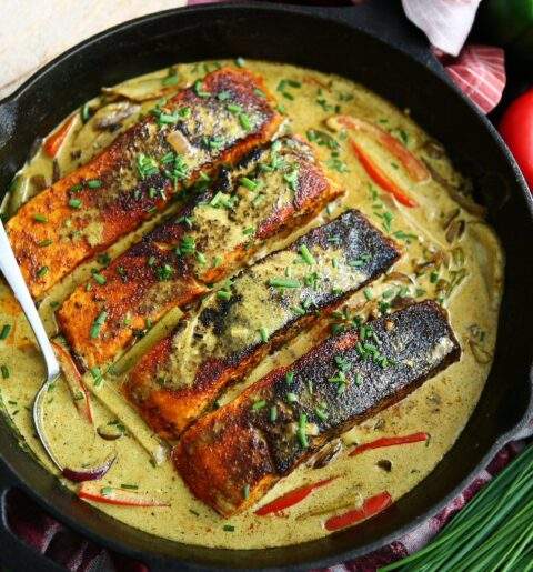 Thai Curry Fish with Crispy Garlic Broccoli