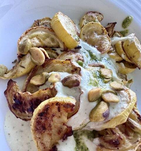 Seared Zucchini with Whipped Goat Cheese Sauce and Tequila Lime Shrimp