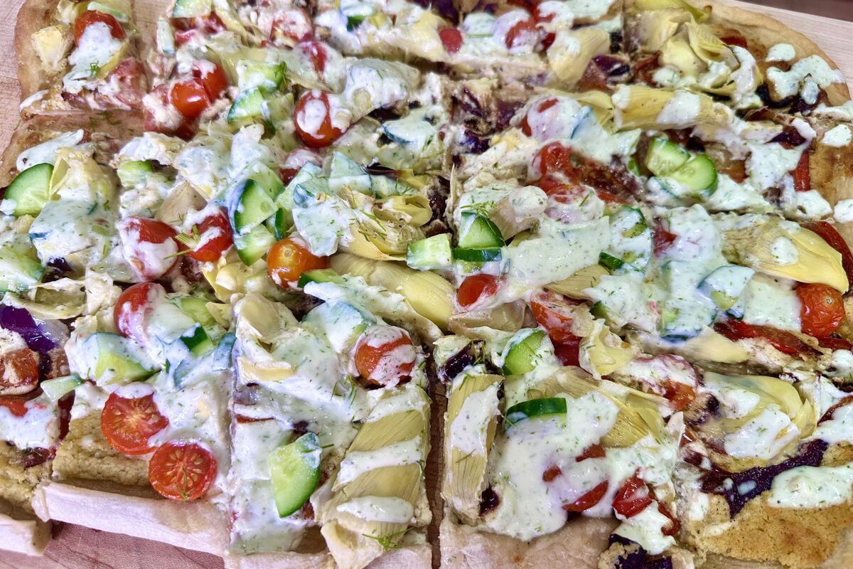 Loaded Greek Pizza with Whipped Feta and Tzatziki Drizzle