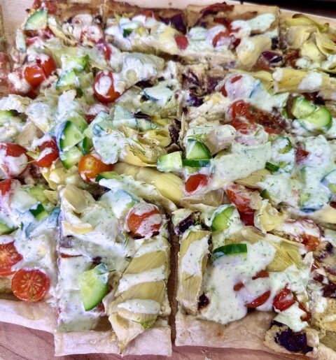 Loaded Greek Pizza with Whipped Feta and Tzatziki Drizzle